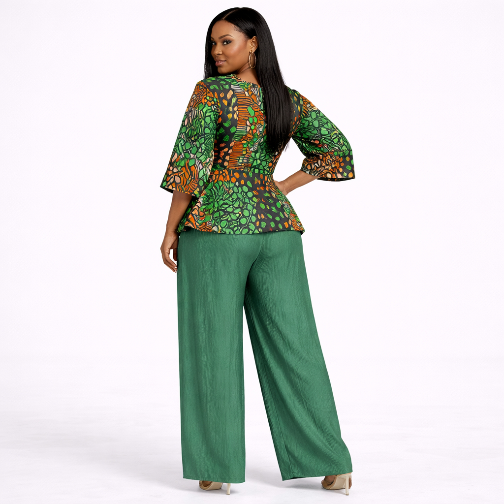 African Ankara Print Peplum Top and Pleated Trousers Set